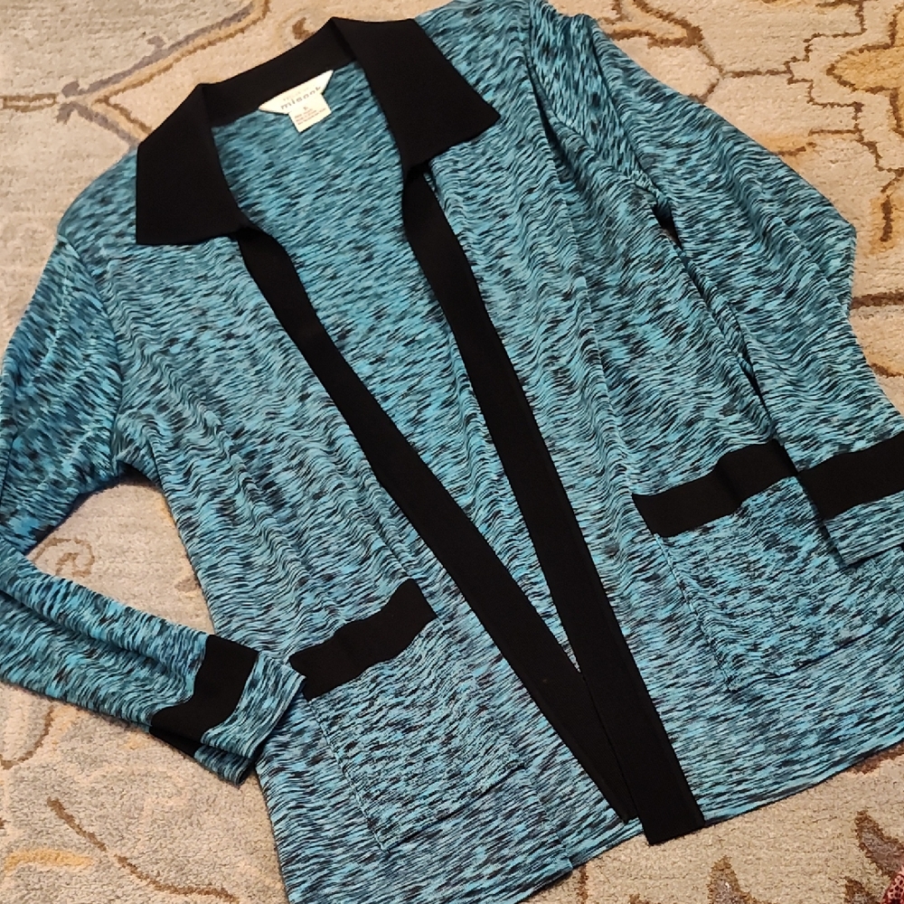 Misook Blue Marled Open-Front Cardigan with Black Trim